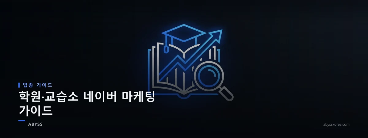 학원·교습소 네이버 마케팅 가이드 — 책과 성장 그래프, 돋보기 아이콘으로 표현한 학원 검색 상위노출 개념 일러스트