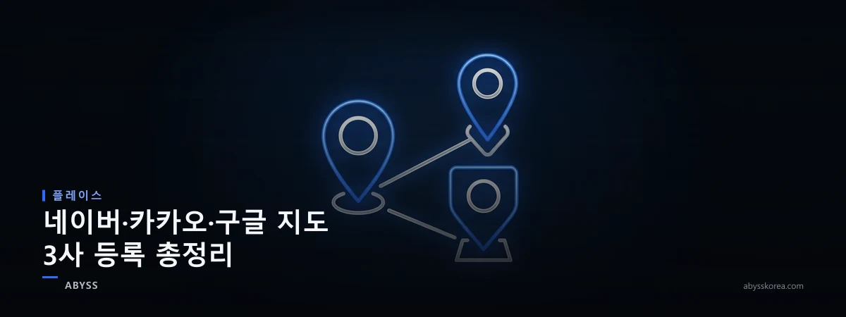 네이버·카카오·구글 지도 3사 등록을 상징하는 여러 지도 핀과 플랫폼 아이콘 라인아트 일러스트