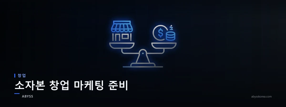소자본 창업 마케팅 체크리스트 — 제한된 예산 안에서 인테리어와 마케팅 사이 저울, 오픈 준비 일정을 표현한 일러스트