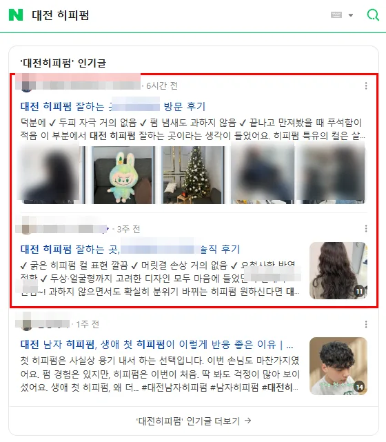 대전 히피펌 검색결과 인기글 상단 노출 캡처